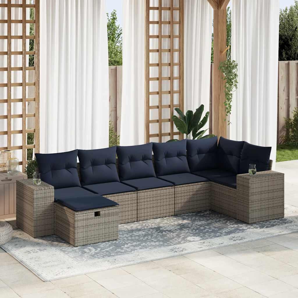 Havesofasæt 7 dele med hynder - polyrattan, grå/marineblå