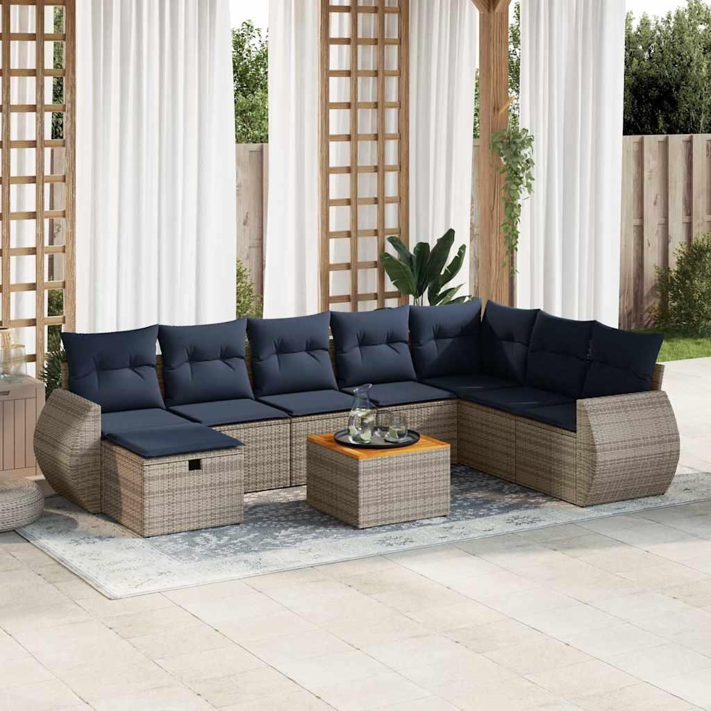 Havesofasæt i polyrattan, 9 dele, grå med marineblå hynder