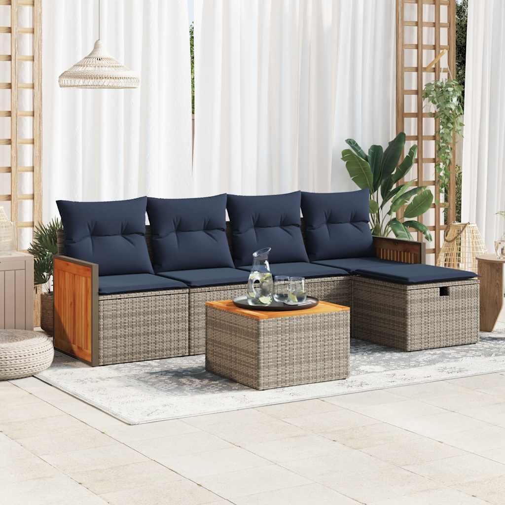 Sofasæt til haven i polyrattan - 6 dele med hynder, grå/marineblå