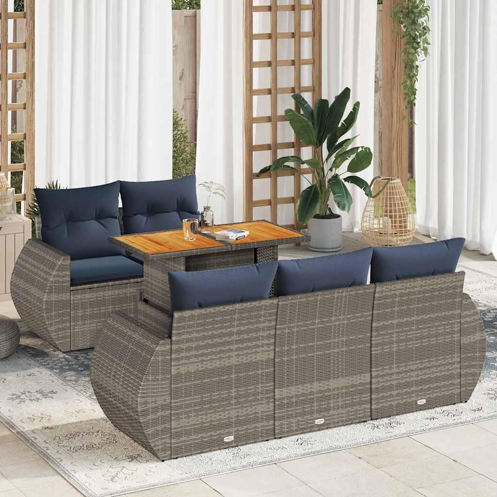 Havesofasæt i polyrattan - 6 dele med hynder, grå