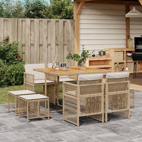 Spisebordssæt til haven 9 dele med hynder polyrattan beige
