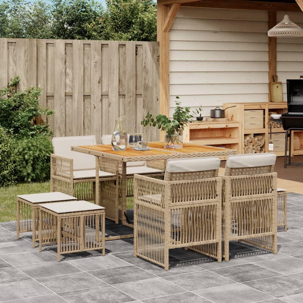 Spisebordssæt til haven 9 dele med hynder polyrattan beige