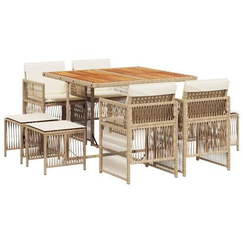 Spisebordssæt til haven 9 dele med hynder polyrattan beige