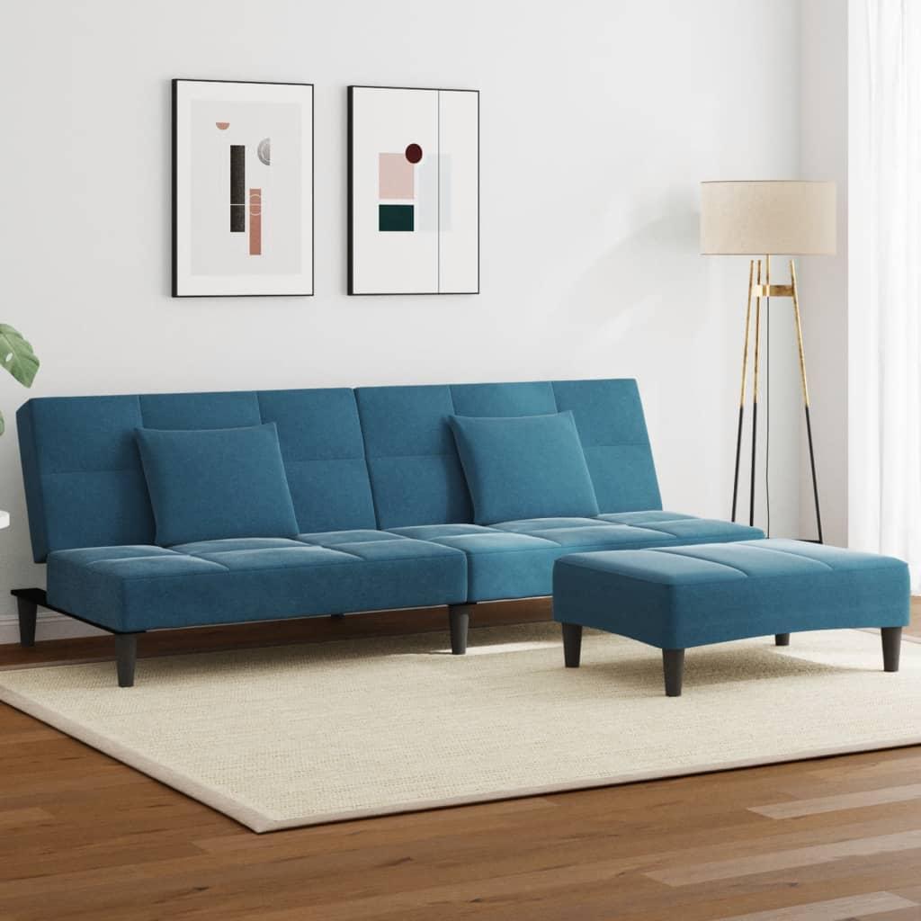 2-personers sovesofa med fodskammel i velour blå