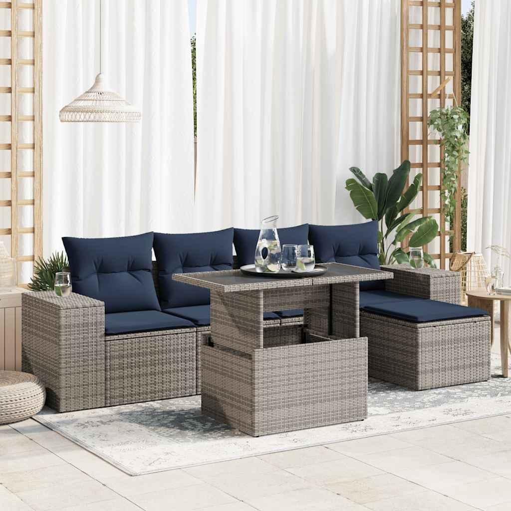 Sofasæt til haven 6 dele med hynder polyrattan akacietræ grå billede