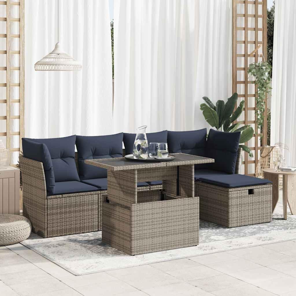 Sofasæt til haven - 6 dele i polyrattan med hynder og opbevaring, grå/marineblå billede