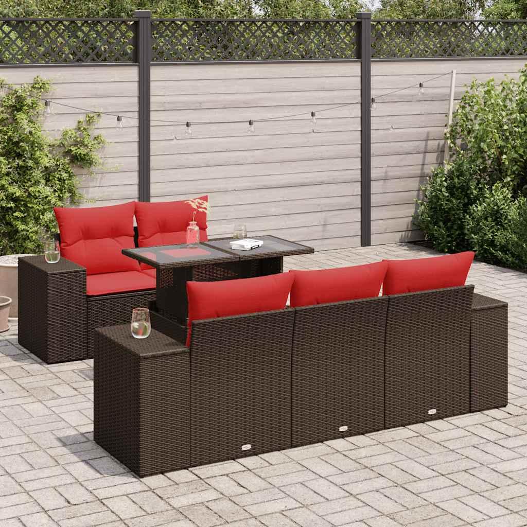 Sofasæt til haven - 6 dele i polyrattan med hynder og hærdet glasbord, brun/rød billede