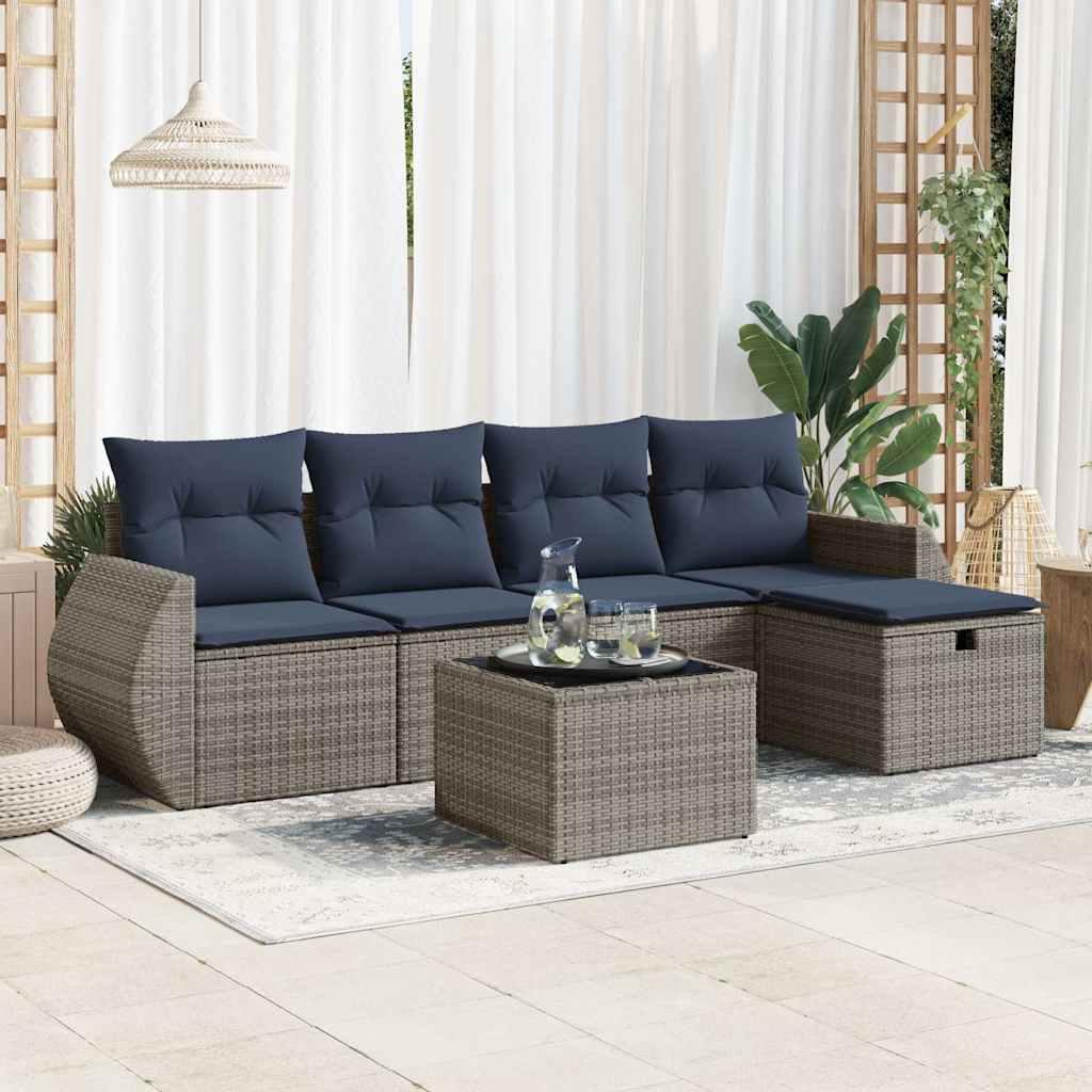 Sofasæt til haven i polyrattan - 6 dele med hynder, grå/marineblå billede