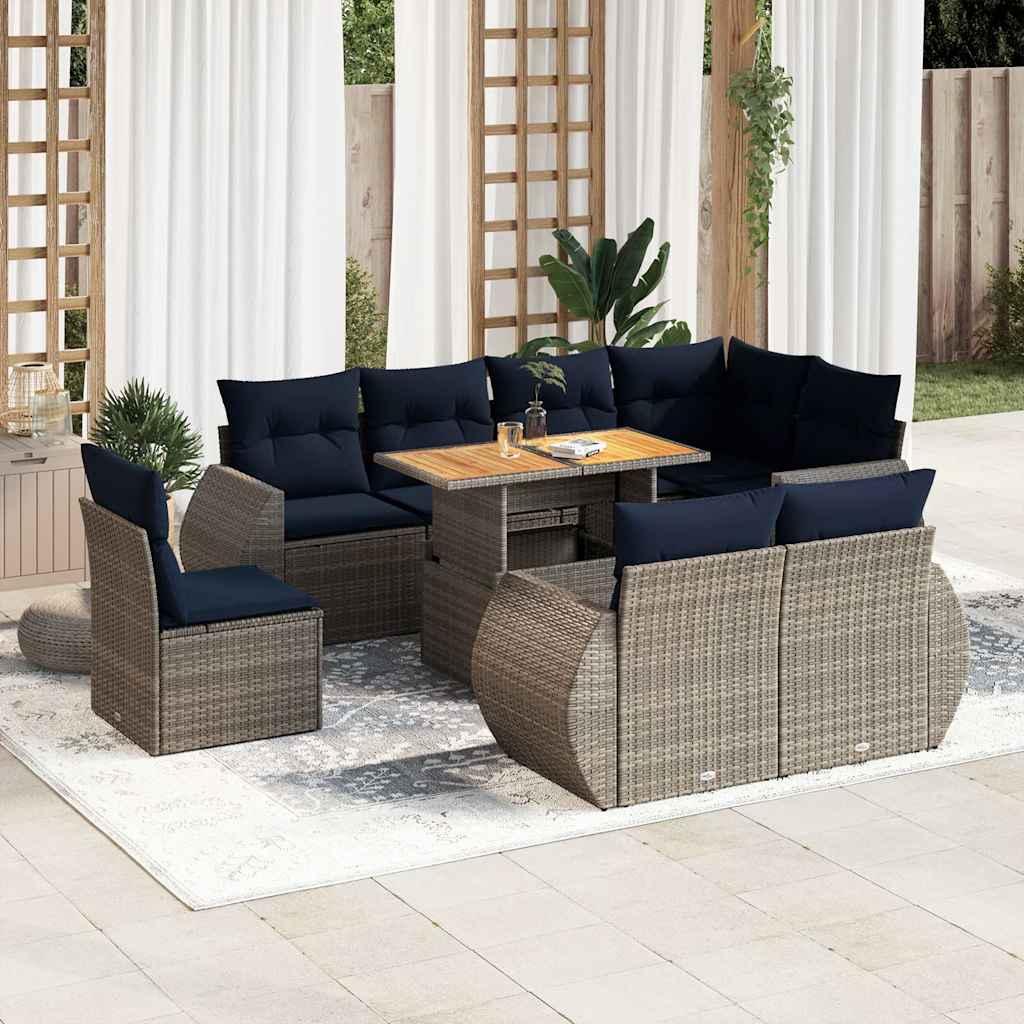 Sofasæt til haven 9 dele med hynder polyrattan grå billede
