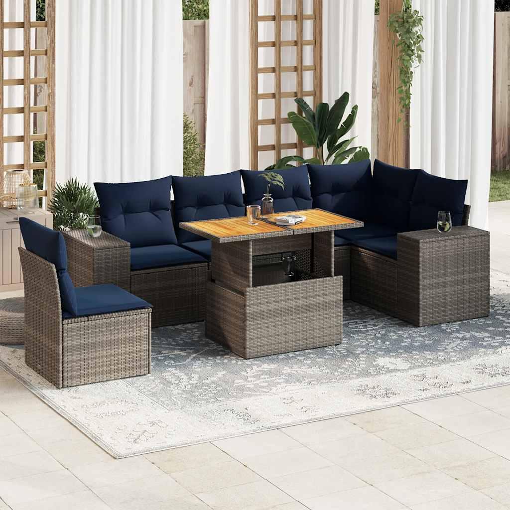 Havesofasæt i polyrattan - 7 dele med marineblå hynder, grå billede