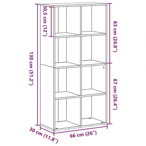 Bogreol med 8 rum - 66×30×130 cm, konstrueret træ, sort egetræsfarve