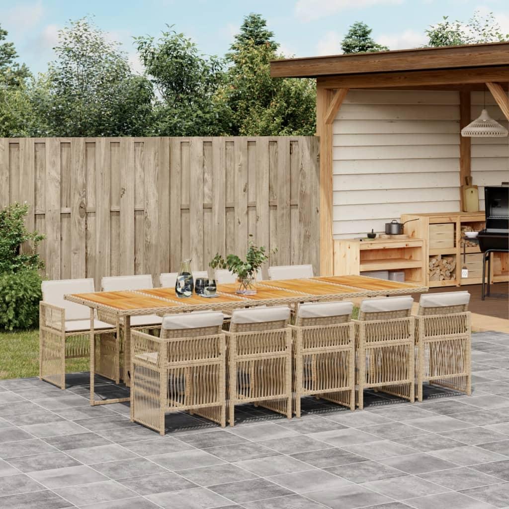 Spisebordssæt til haven 11 dele med hynder polyrattan beige