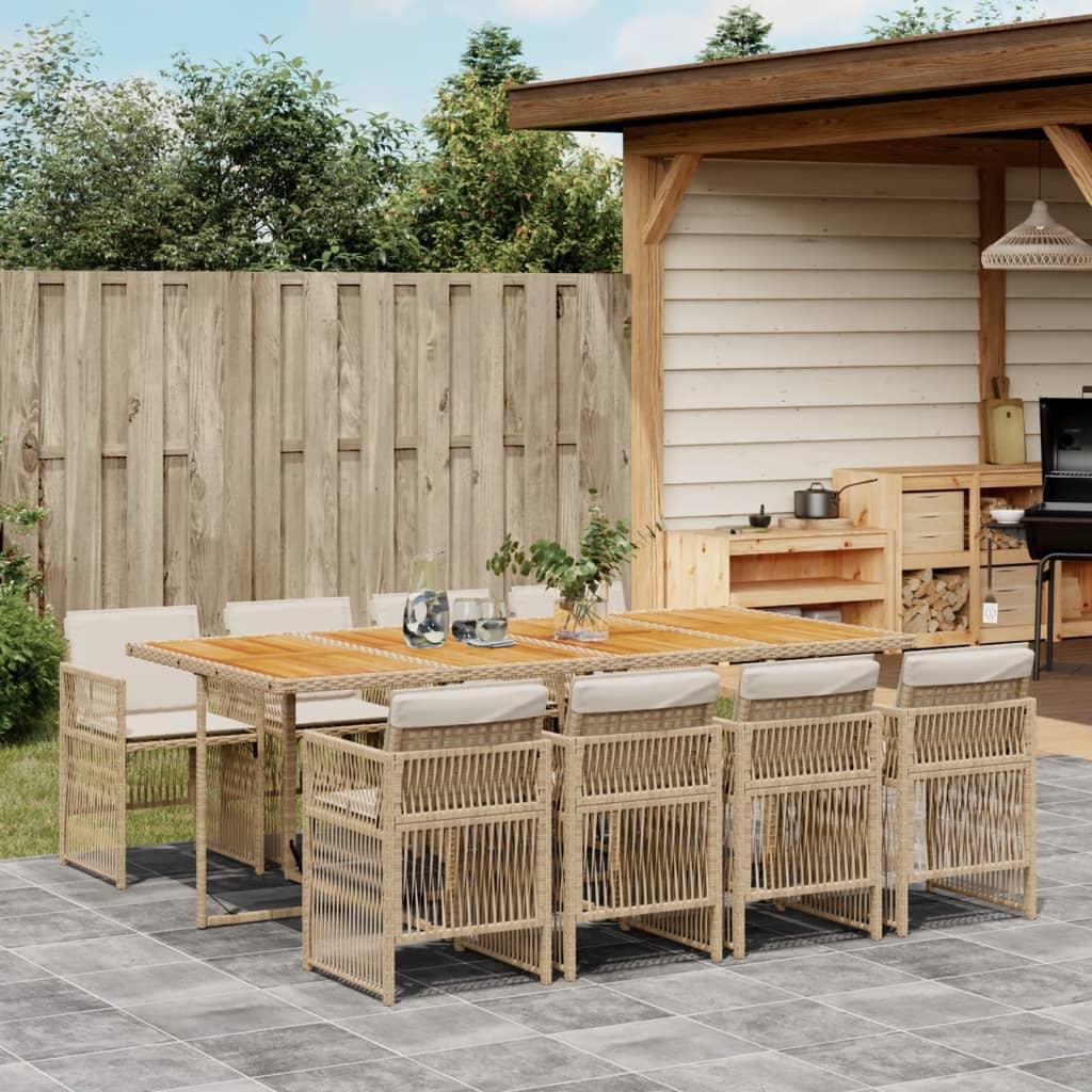 Spisebordssæt til haven 9 dele med hynder polyrattan beige