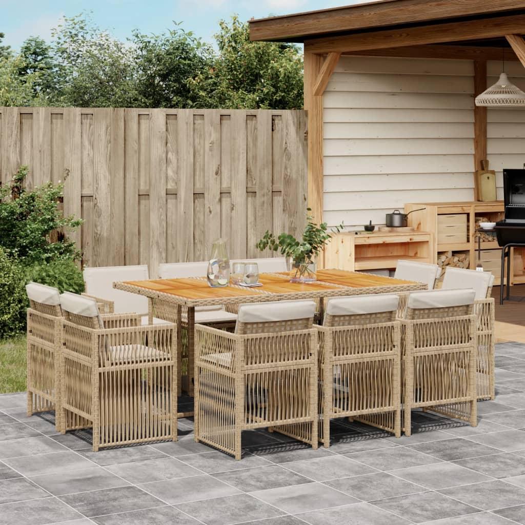 Spisebordssæt til haven 11 dele med hynder polyrattan beige
