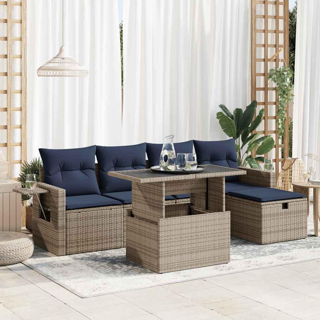 Sofasæt til haven - 6 dele med hynder i polyrattan, grå/marineblå