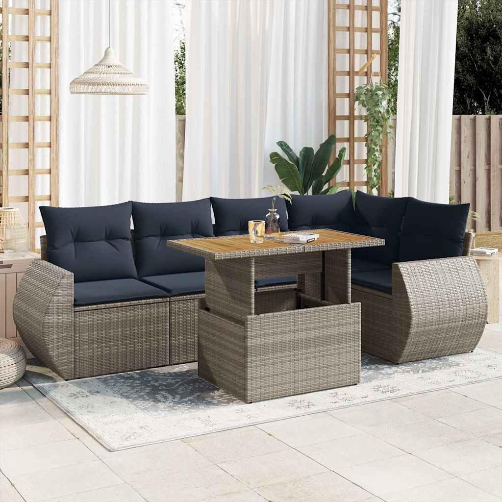 Sofasæt til haven i polyrattan - 6 dele med hynder, grå/marineblå