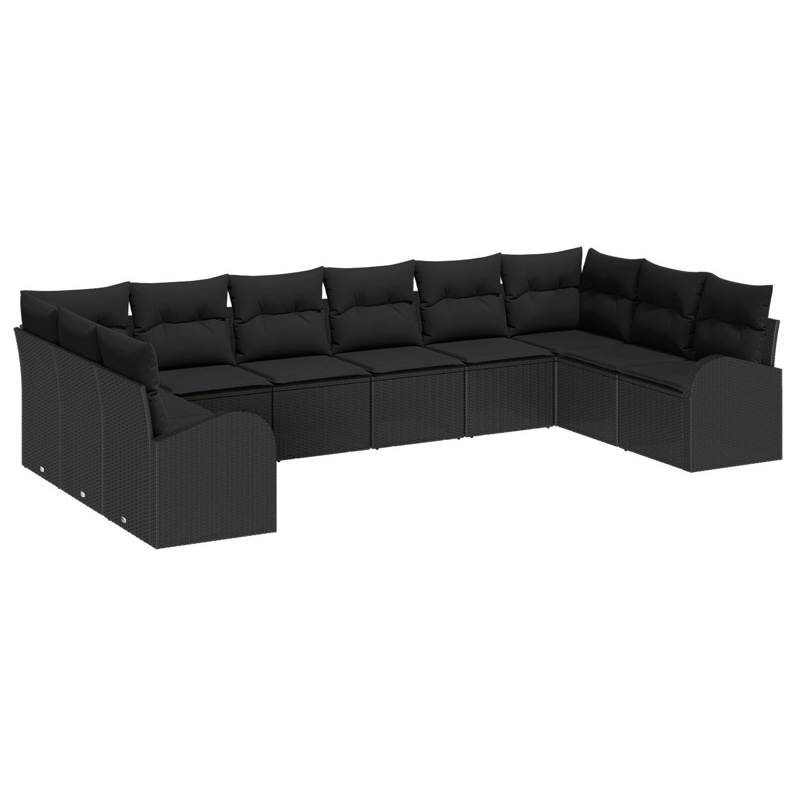10-delt Havesofa sæt med puder Sort poly rattan,  2-personers Havesofa med opbevaring & puder Sort poly rattan