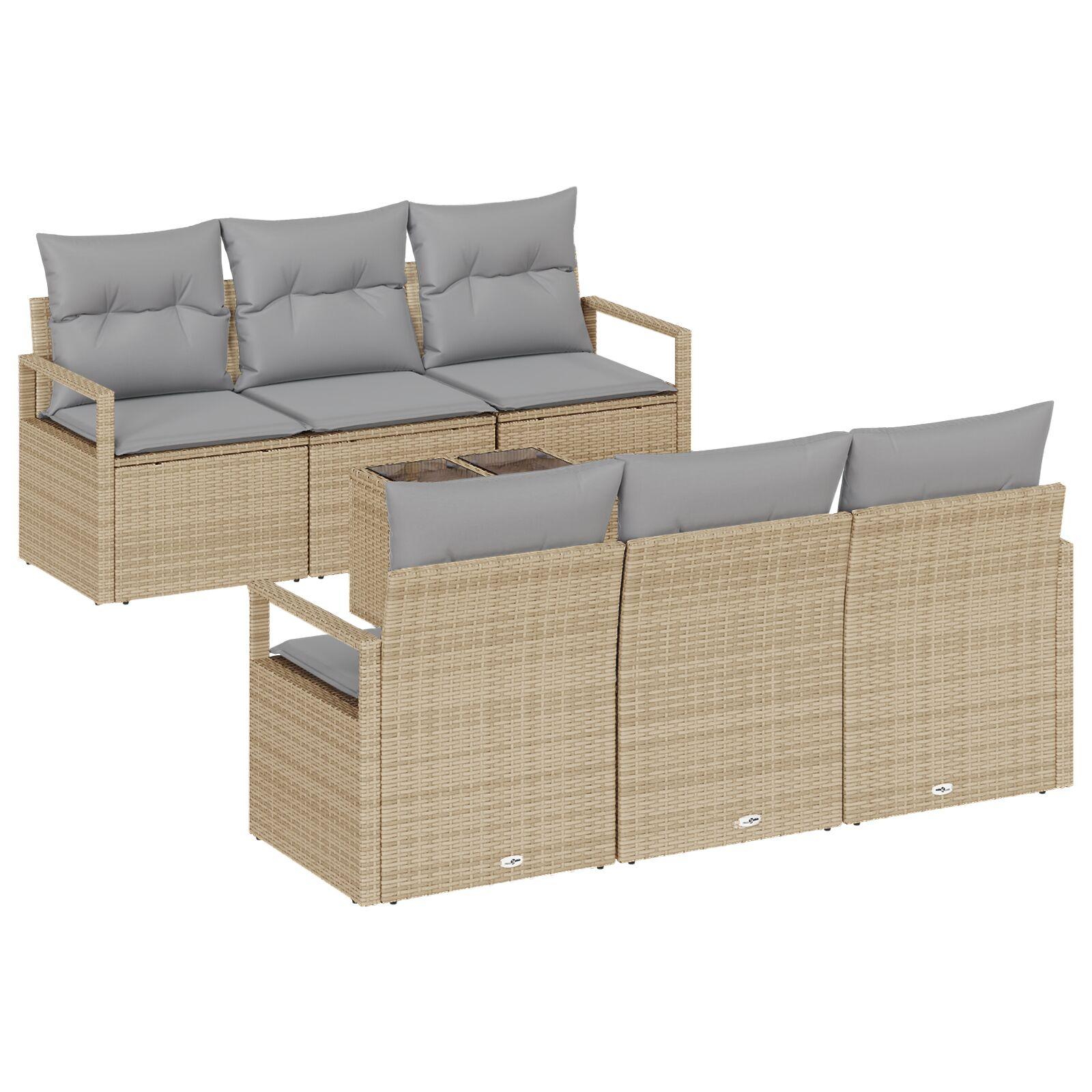 7 dele havemøbel sæt med puder beige poly rattan,  2-personers havemøbel sofa med opbevaring & puder beige poly rattan