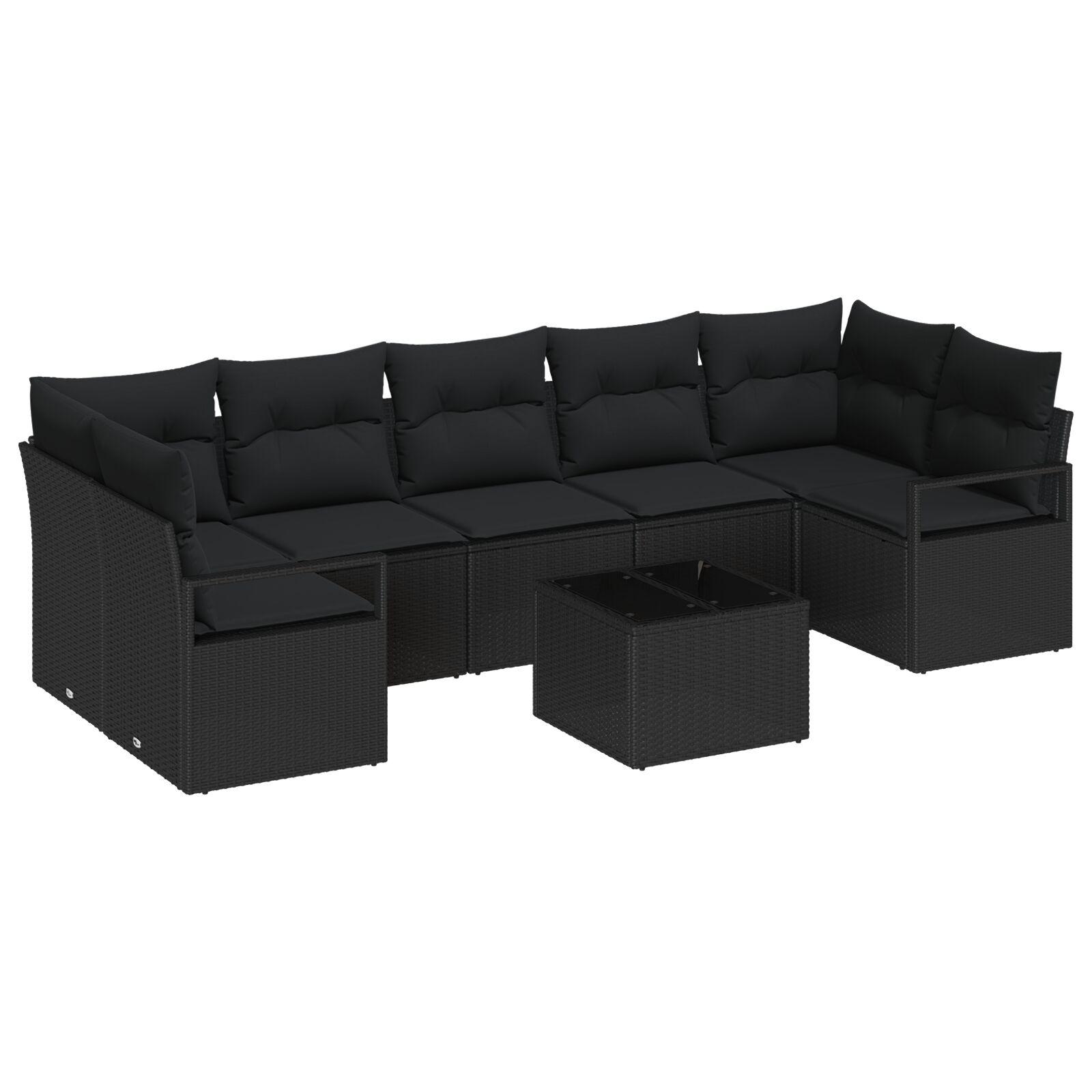 8-delt Have Sofa Set med Puder Sort Poly Rattan,  2-personers Have Sofa med Opbevaring & Puder Sort Poly Rattan