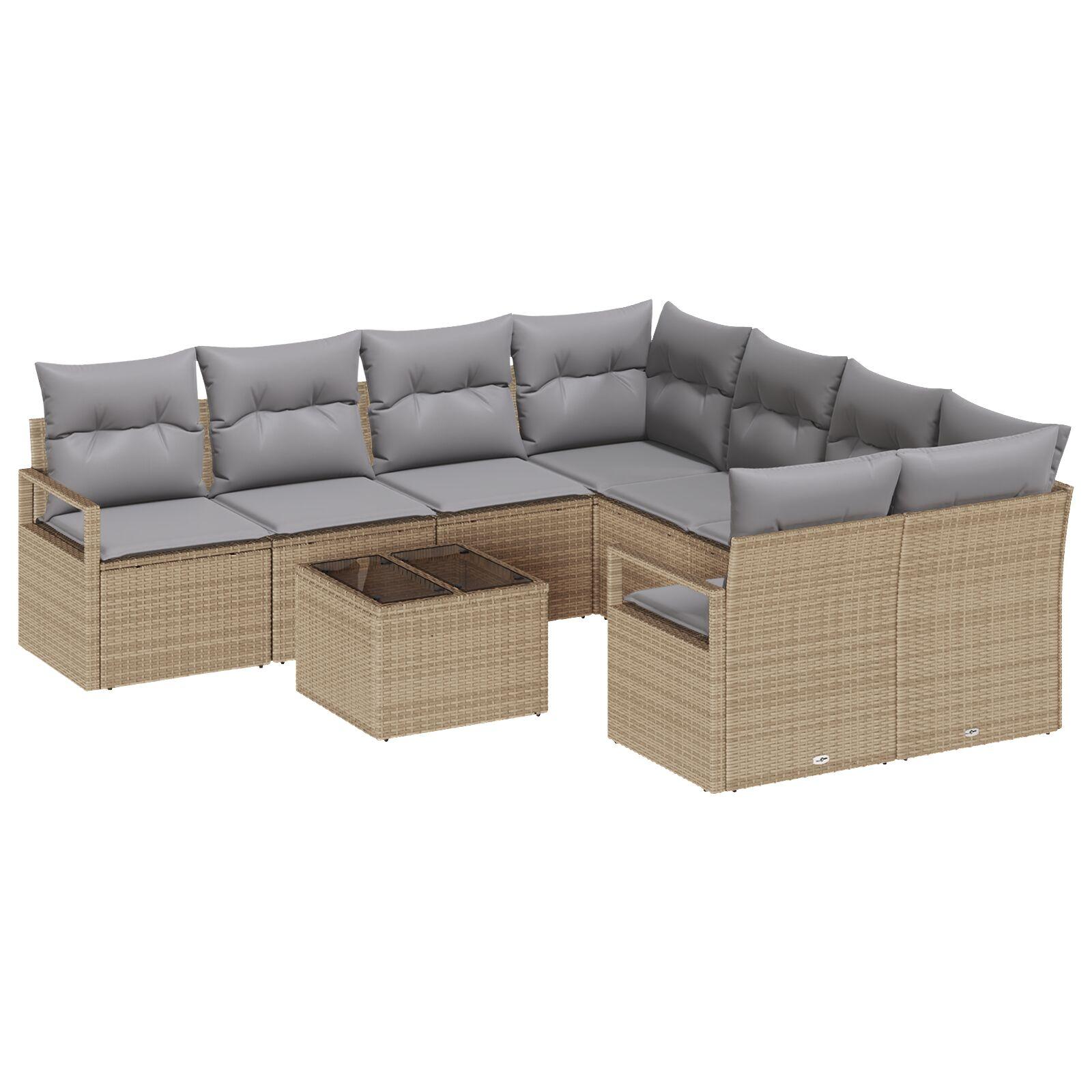9-dele Have Sofa Sæt med Puder Beige Poly Rattan,  2-personers Have Sofa med Opbevaring & Puder Beige Poly Rattan