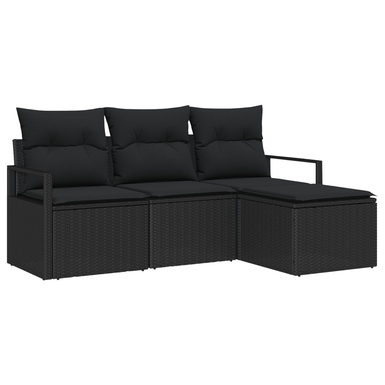 4 Deles Have Sofa Sæt med Puder Sort Poly Rattan,  2-Sæders Have Sofa med Opbevaring & Puder Sort Poly Rattan