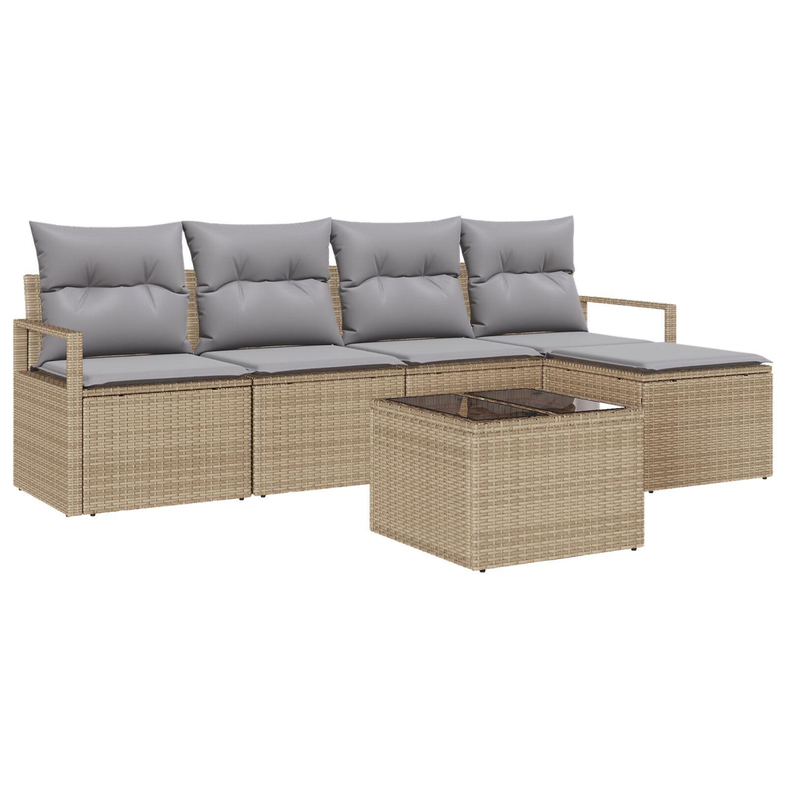 6 Stykker Havesofa Sæt med Puder Sort Poly Rattan,  2-Sæders Havesofa med Opbevaring & Puder Beige Poly Rattan
