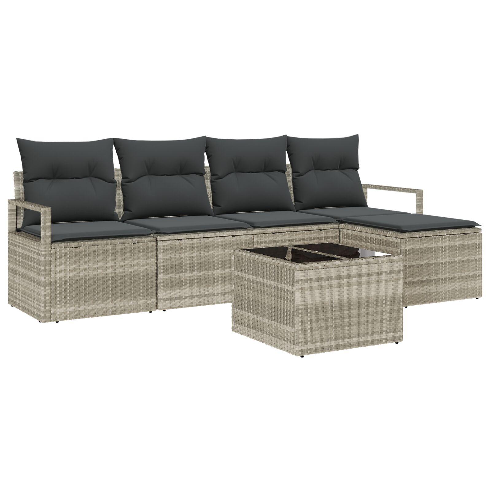 6 dele Have Sofa Sæt med Puder Grå Poly Rattan, 2-Sæders Have Sofa med Opbevaring & Puder Grå Poly Rattan