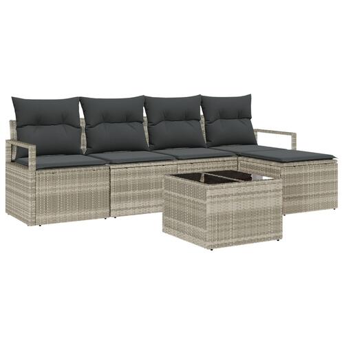 6 dele Have Sofa Sæt med Puder Grå Poly Rattan, 2-Sæders Have Sofa med Opbevaring & Puder Grå Poly Rattan