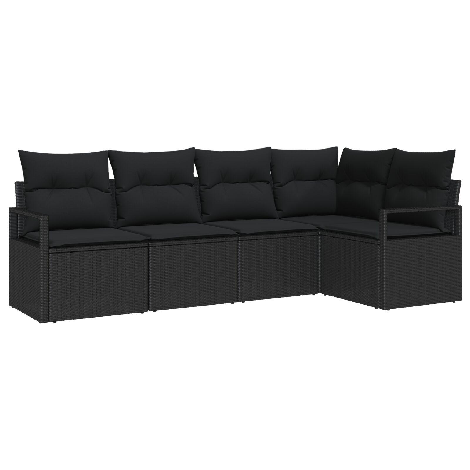 5-dels Have Sofa Sæt med Puder Sort Poly Rattan,  2-personers Have Sofa med Opbevaring & Puder Sort Poly Rattan