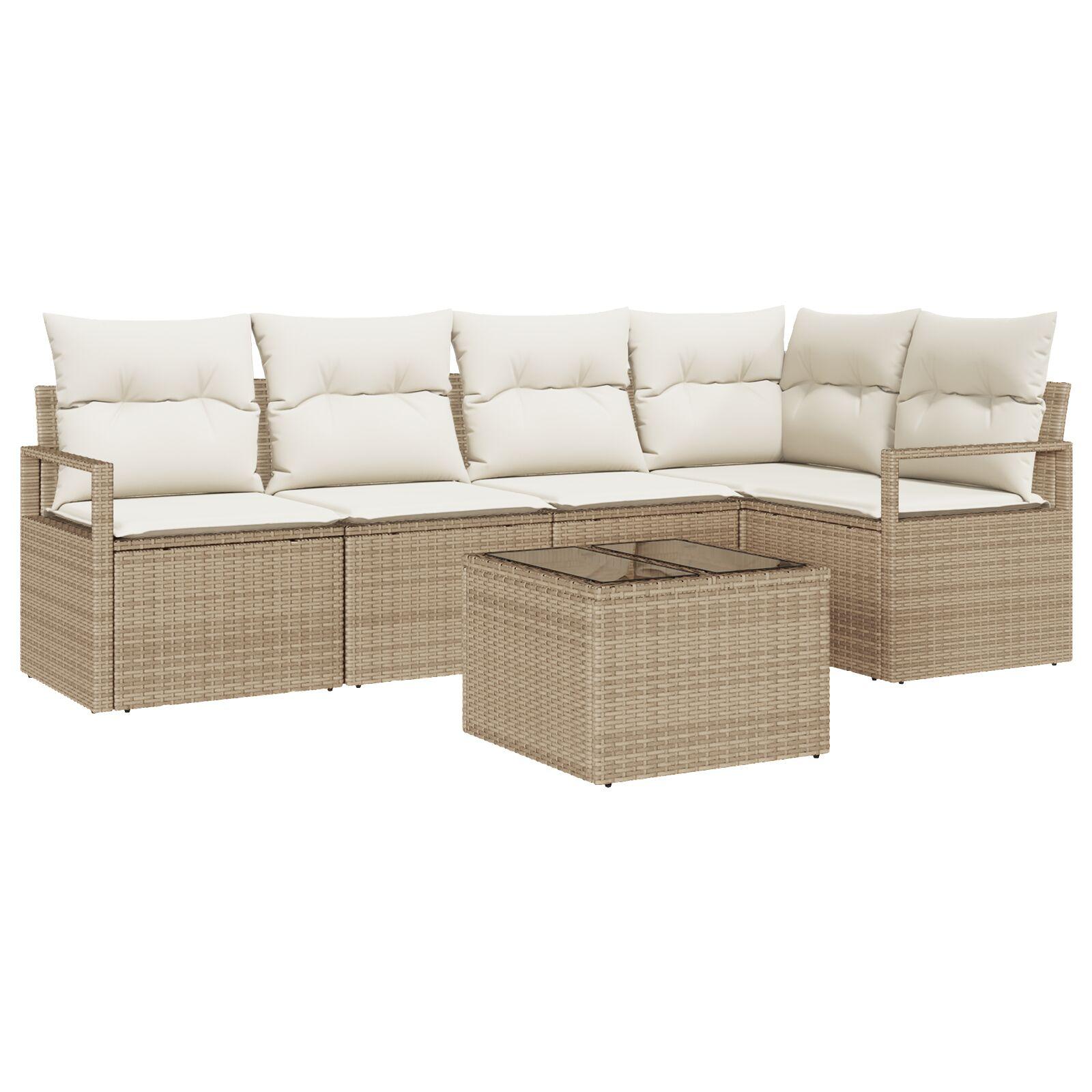 6 Deles Have Sofa Sæt med Hynder Brun Poly Rattan,  2-Sæders Have Sofa med Opbevaring & Hynder Beige Poly Rattan