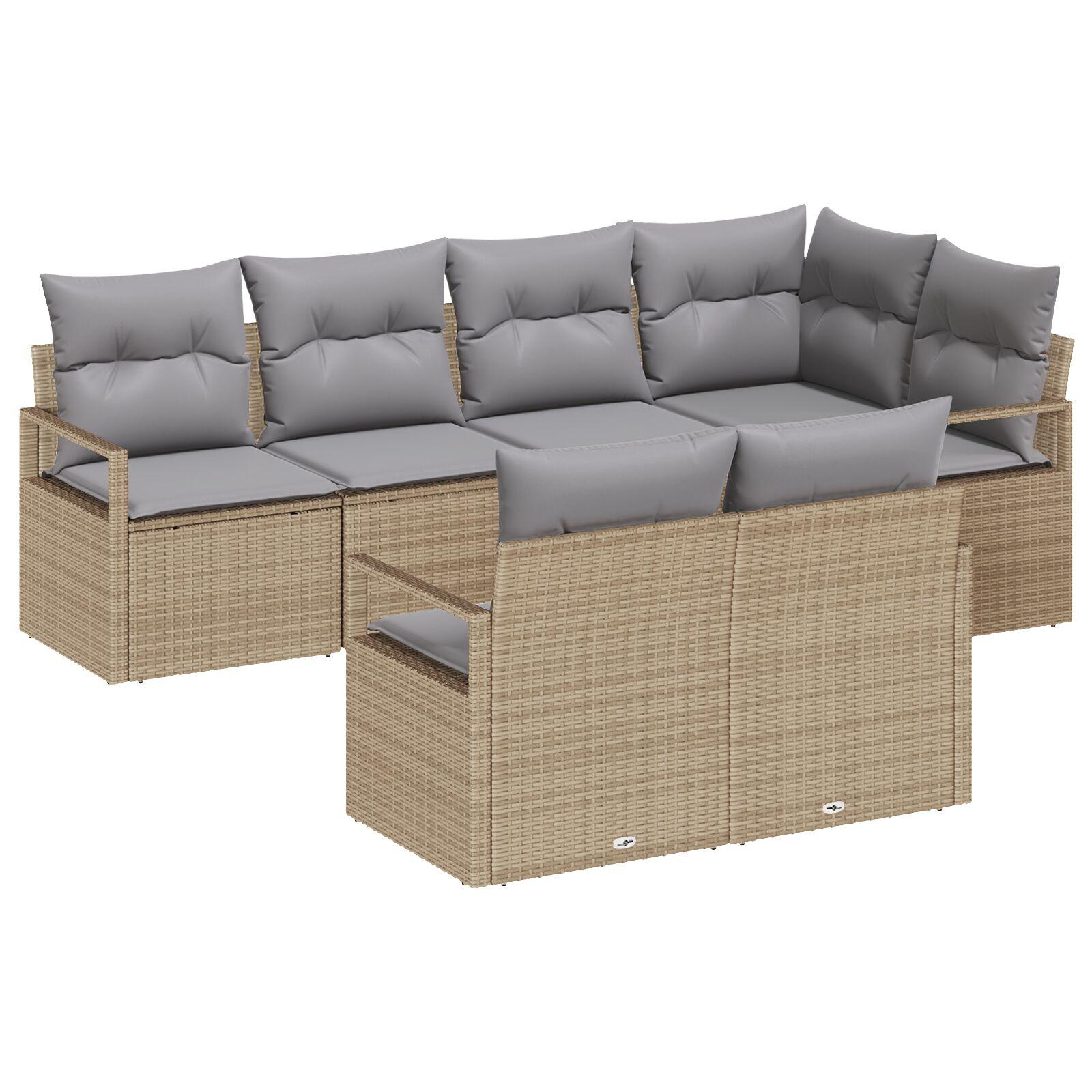 7 Stykker Have Sofa Sæt med Puder Beige Poly Rattan,  2-Sæders Have Sofa med Opbevaring & Puder Beige Poly Rattan