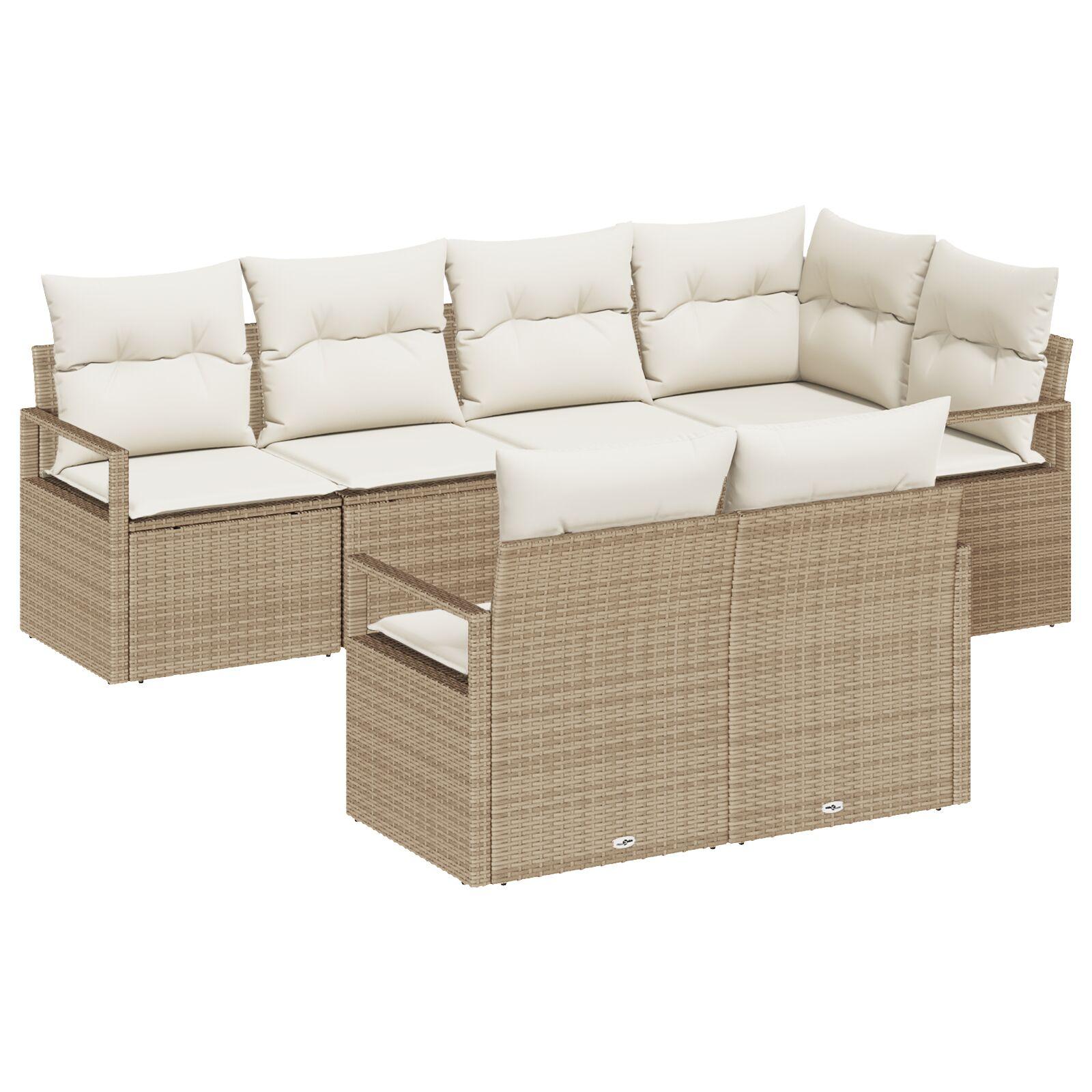 7 Personers Havemøbel Sæt med Puder Beige Poly Rattan,  2-personers Havemøbel Sofa med Opbevaring & Puder Beige Poly Rattan