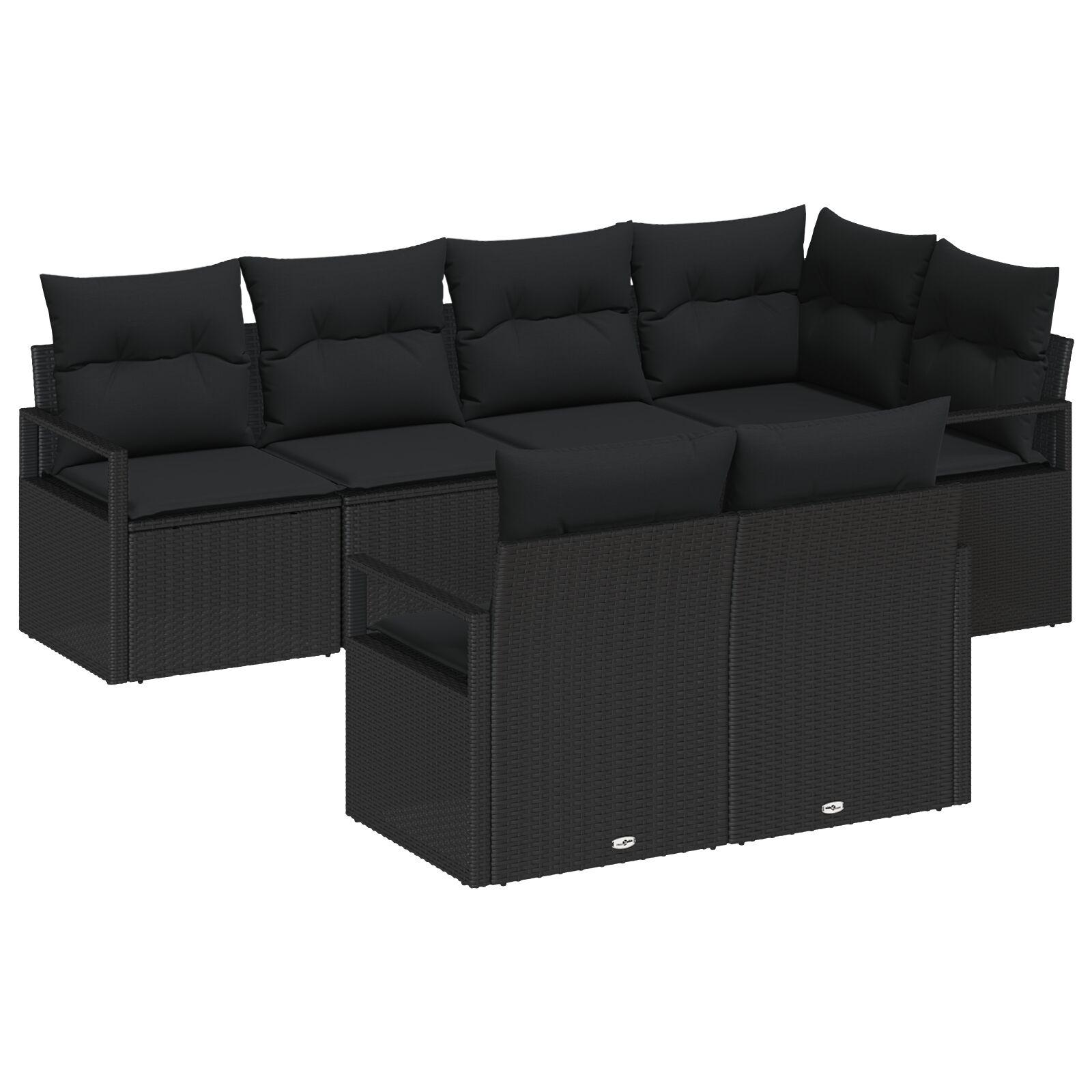 7 Delers Have Sofa Sæt Med Puder Sort Poly Rattan,  2-Personers Have Sofa Med Opbevaring & Puder Sort Poly Rattan