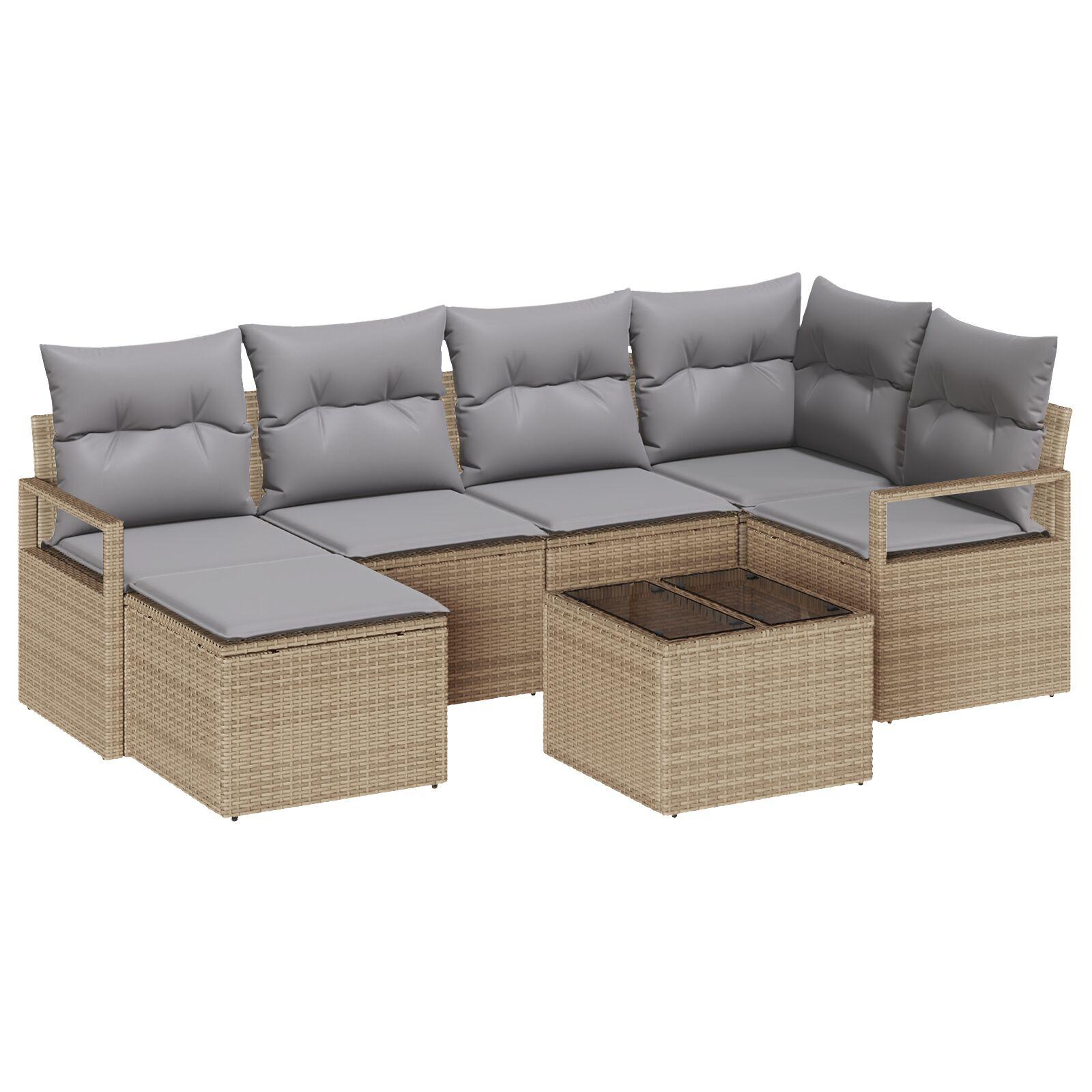 7-delt havesofa sæt med puder sort poly rattan,  2-personers havesofa med opbevaring og puder beige poly rattan