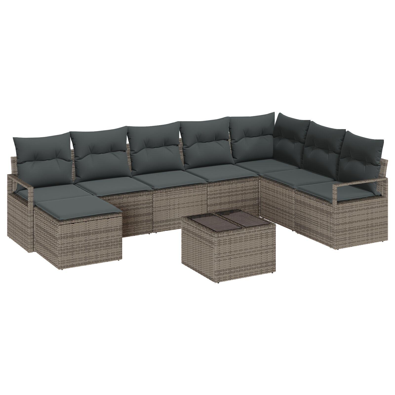 8 Stykke Have Sofa Sæt med Puder Sort Poly Rattan, 2-personers Have Sofa med Opbevaring & Puder Grå Poly Rattan