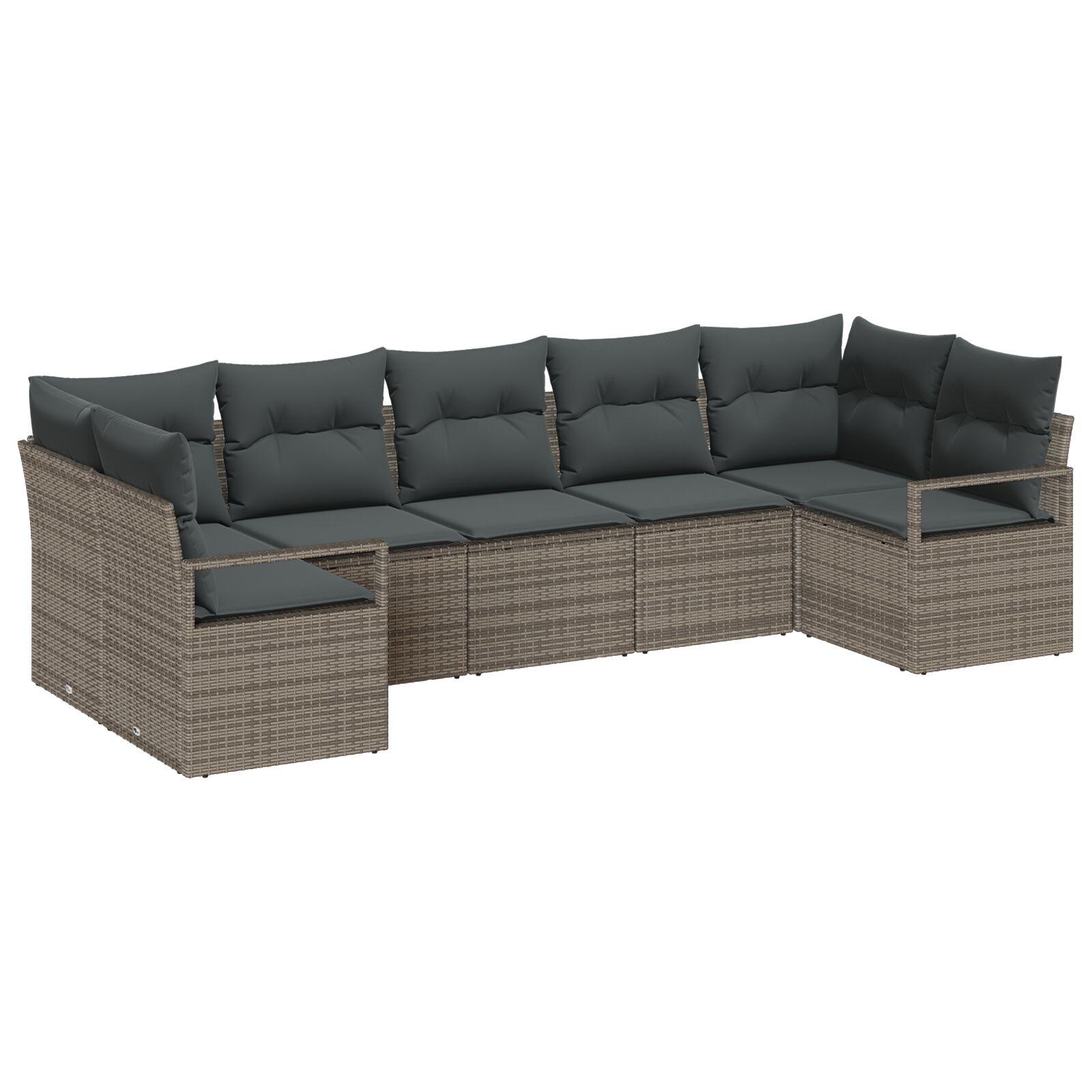 7 Delers Havesofa Sæt med Puder Grå Poly Rattan, 2-Personers Havesofa med Opbevaring & Puder Grå Poly Rattan