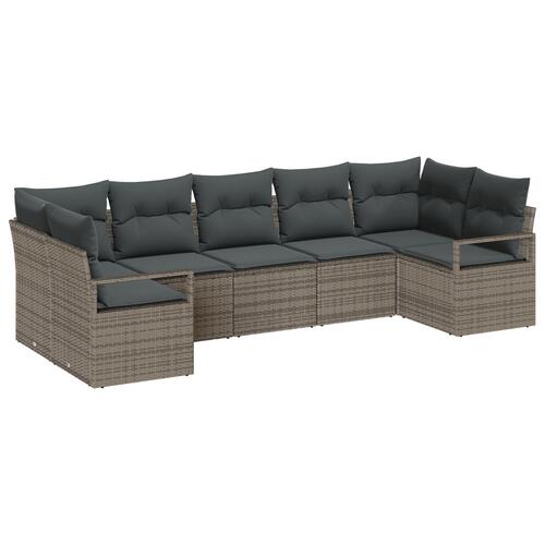 7 Delers Havesofa Sæt med Puder Grå Poly Rattan, 2-Personers Havesofa med Opbevaring & Puder Grå Poly Rattan