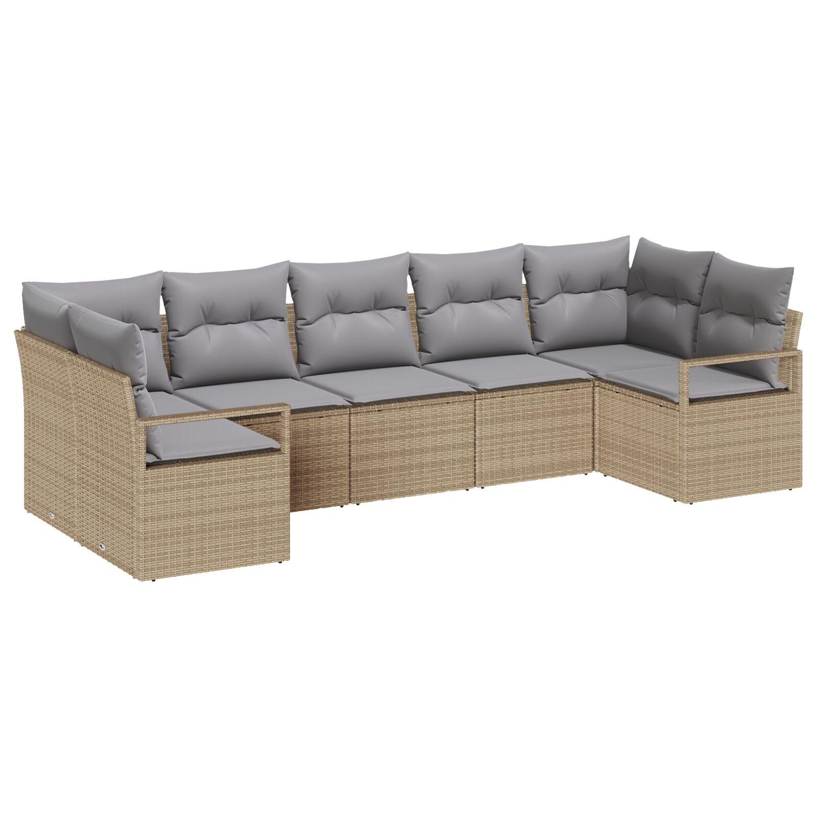 7 Stk Have Sofa Sæt med Puder Beige Poly Rattan,  2-sæders Have Sofa med Opbevaring & Puder Beige Poly Rattan