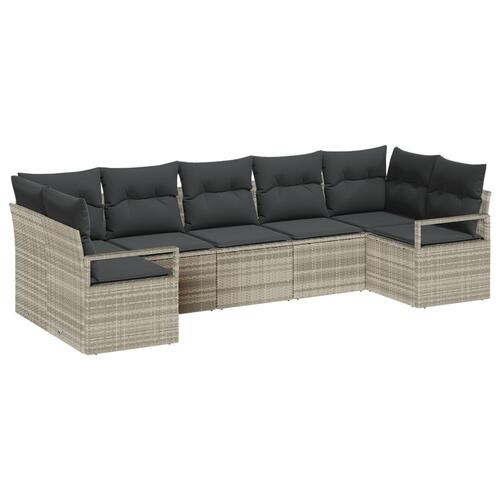 7 Stykke Havesofa Sæt med Puder Lysegrå Poly Rattan, 2-Personers Havesofa med Opbevaring & Puder Grå Poly Rattan
