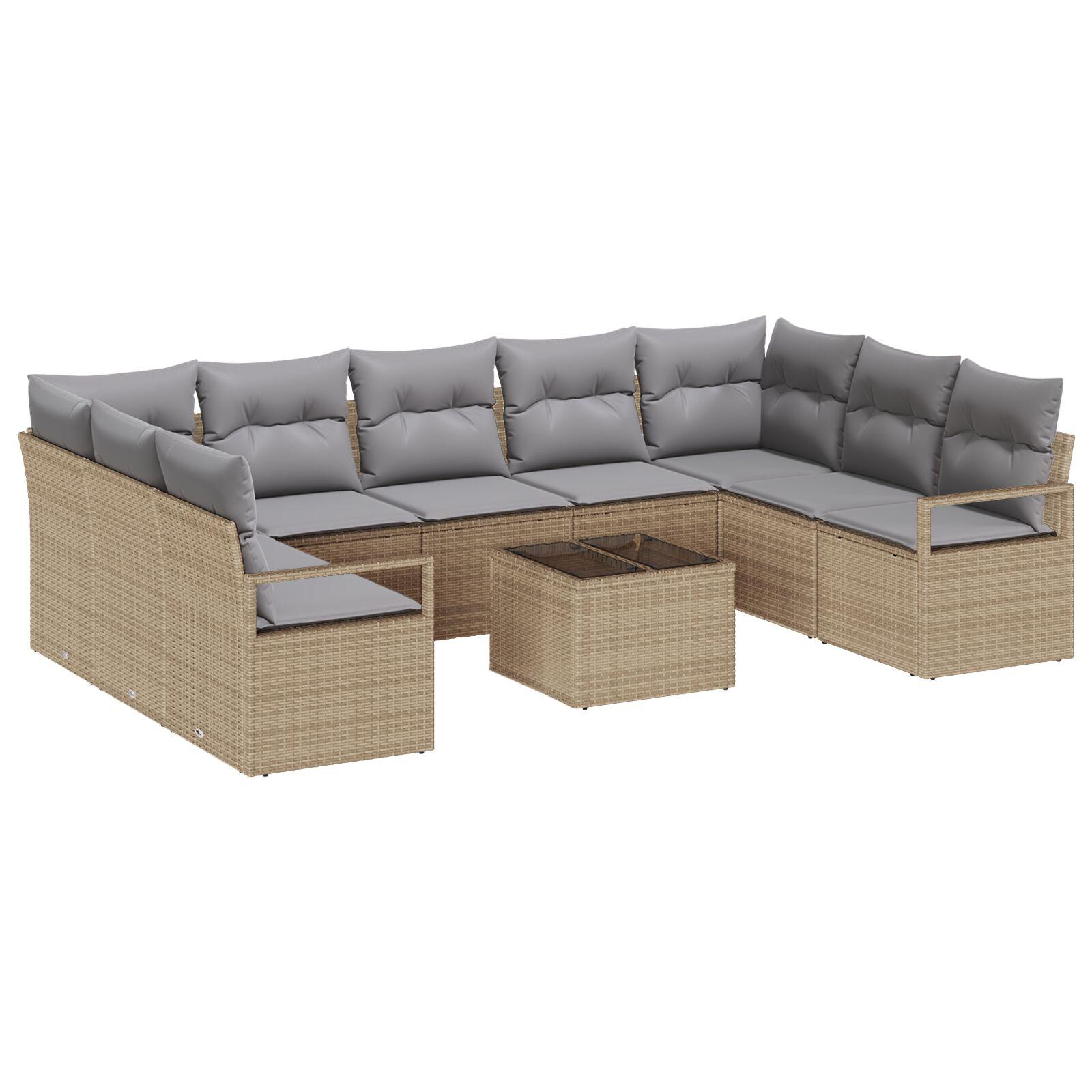 10 Stk Have Sofa Sæt med Puder Sort Poly Rattan,  2-personers Have Sofa med Opbevaring & Puder Beige Poly Rattan