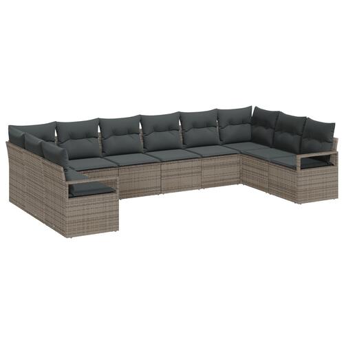 10-delte Havesofa sæt med puder Grå Polyrattan, 2-sæders Havesofa med opbevaring & puder Grå Polyrattan
