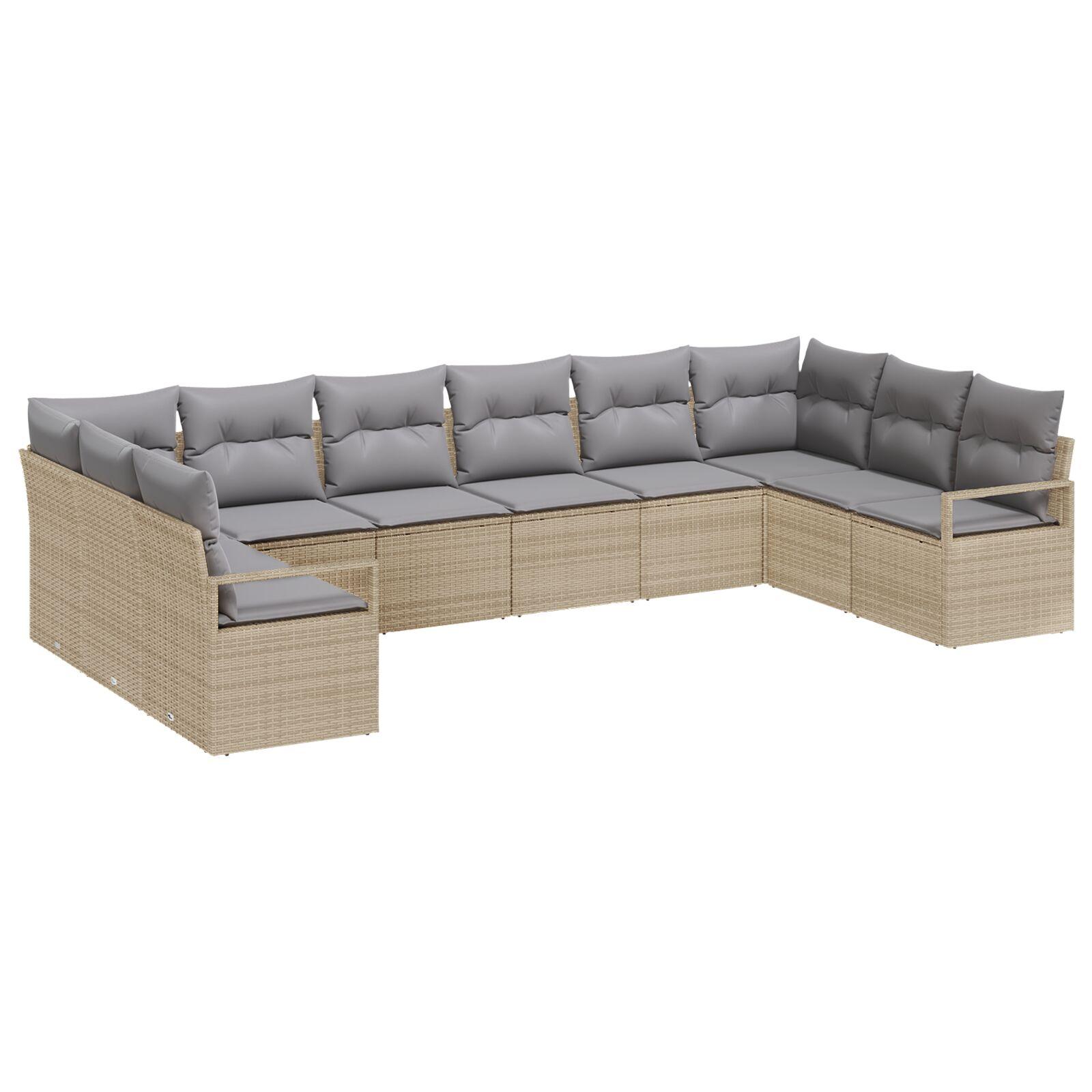 10-delt Have Sofa Set med Puder Beige Poly Rattan,  2-sæders Have Sofa med Opbevaring & Puder Beige Poly Rattan