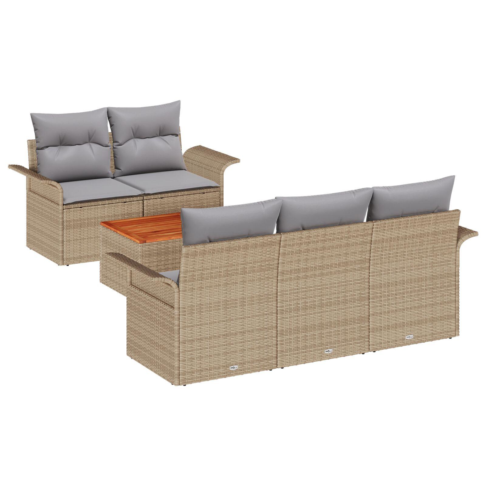6 Delt Have Sofa Sæt med Puder Beige Poly Rattan Akacie,  2-Personers Have Sofa med Opbevaring & Puder Beige Poly Rattan