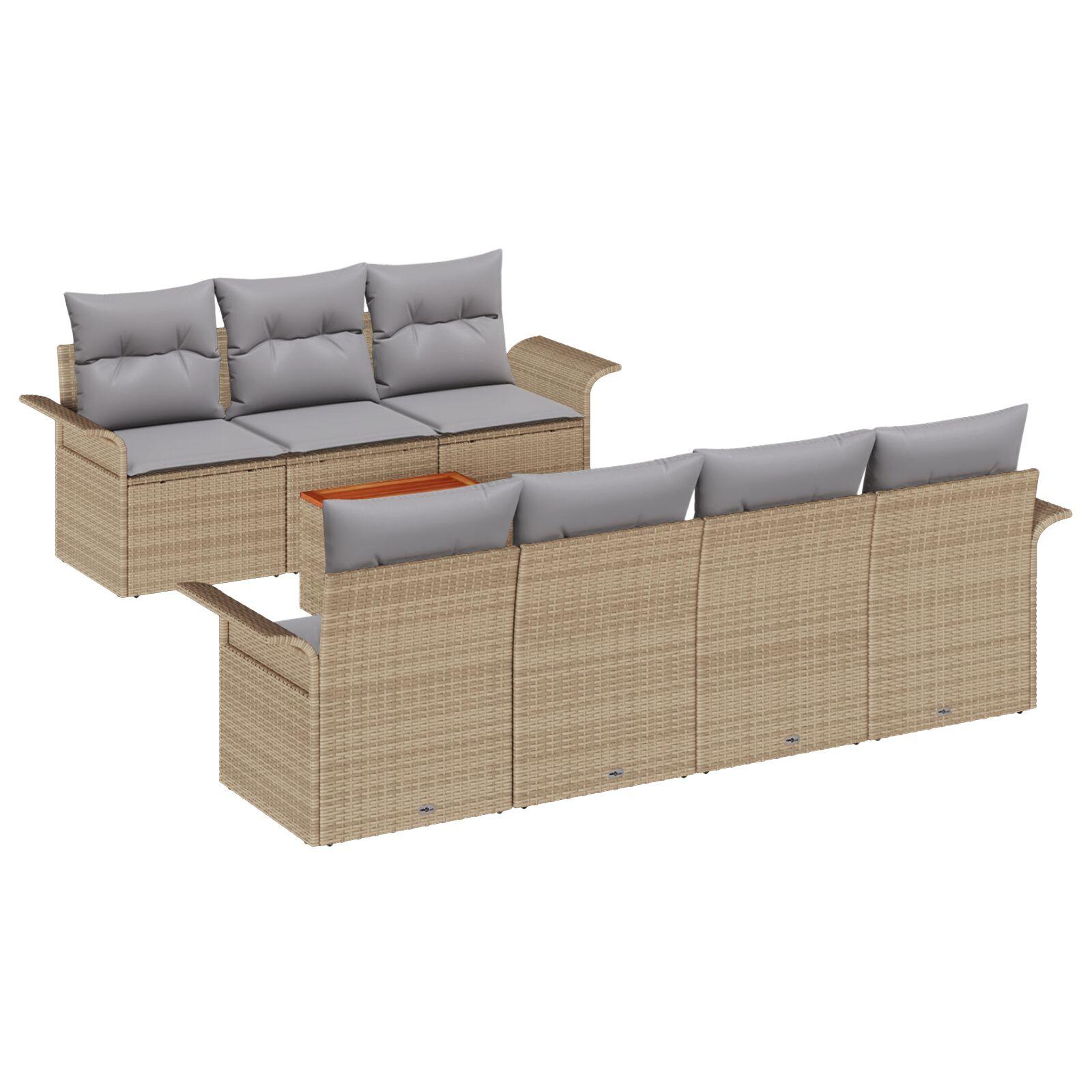 8-delt Have Sofa Sæt med Puder Beige Poly Rattan Akacia,  2-personers Have Sofa med Opbevaring & Puder Beige Poly Rattan