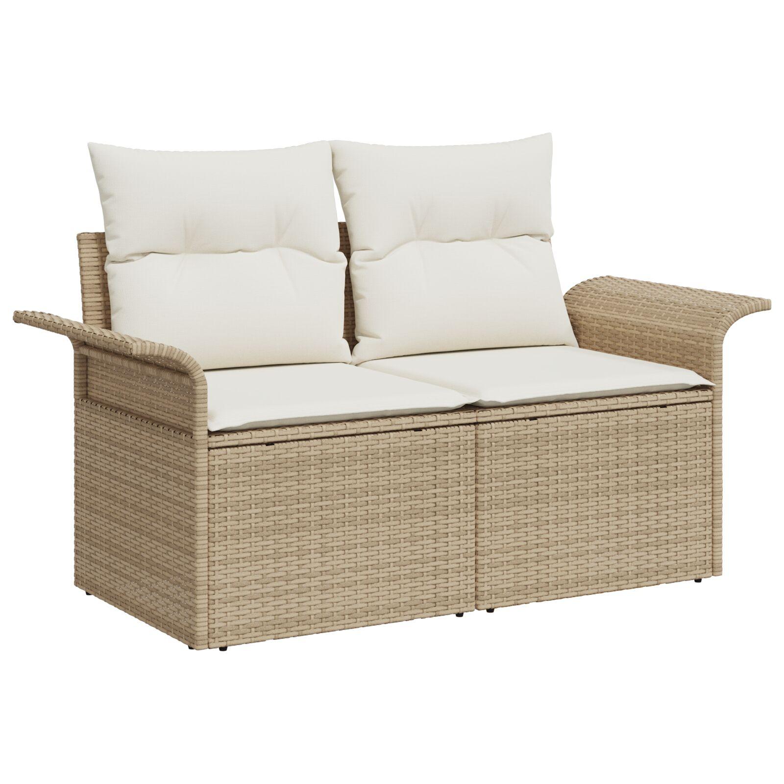 8 delt have sofa sæt med puder Beige Poly Rattan Akacia,  2-personers have sofa med opbevaring & puder Beige Poly Rattan