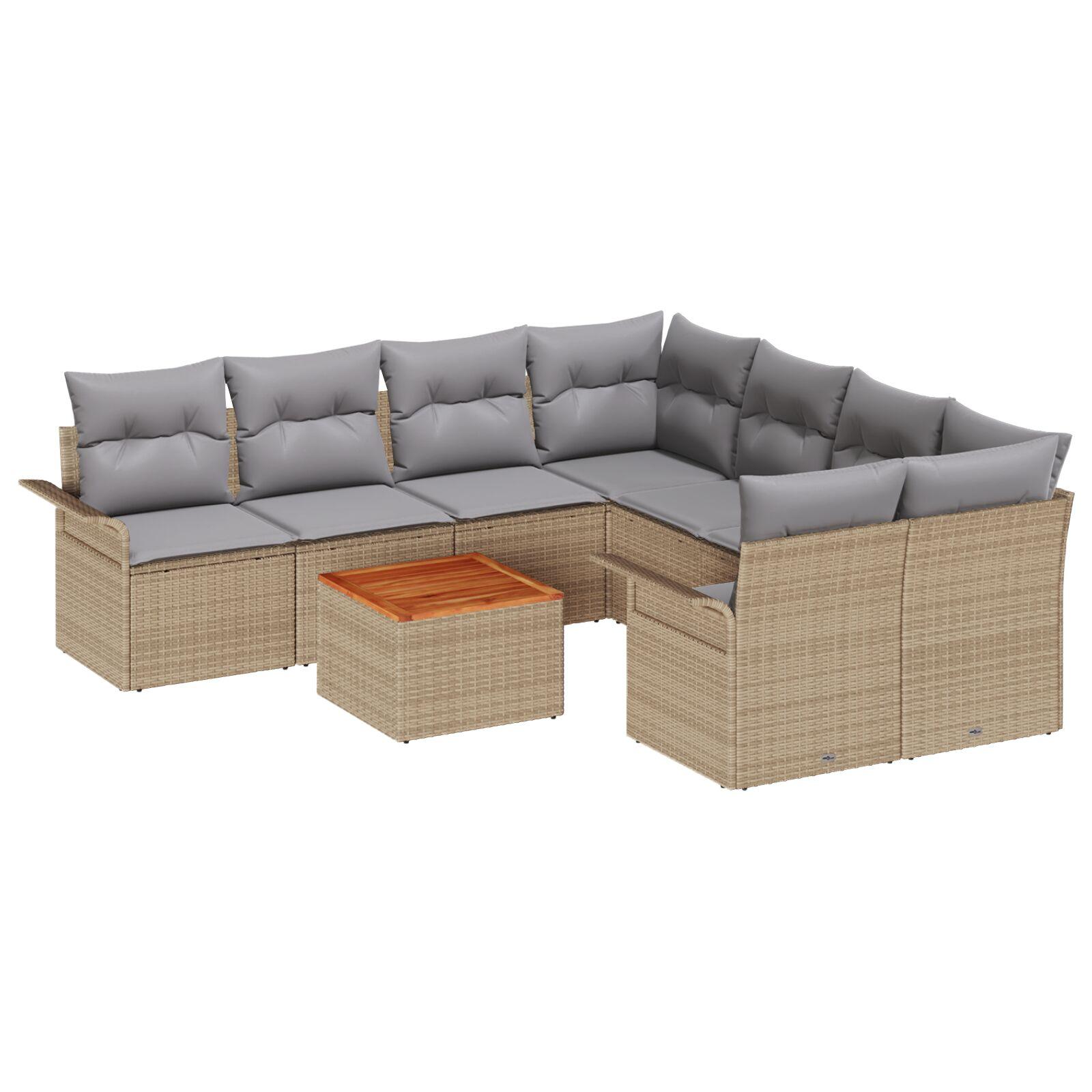 9 Deles Have Sofa Sæt med Puder Beige Poly Rattan Akacia,  2-personers Have Sofa med Opbevaring & Puder Beige Poly Rattan