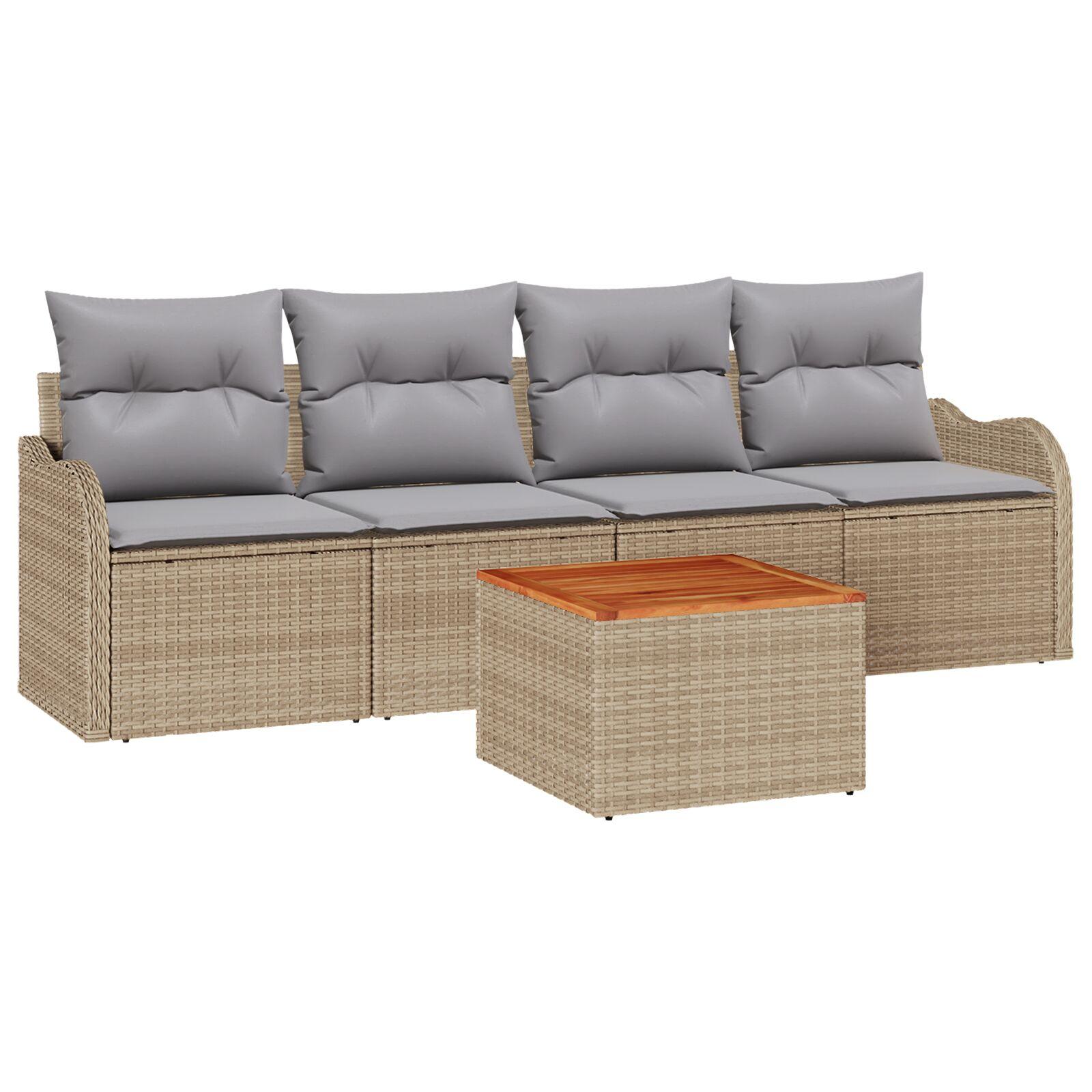 5 Stykker Have Sofa Sæt med Hynder Beige Poly Rattan Akacietræ,  2-personers Have Sofa med Opbevaring & Hynder Beige Poly Rattan