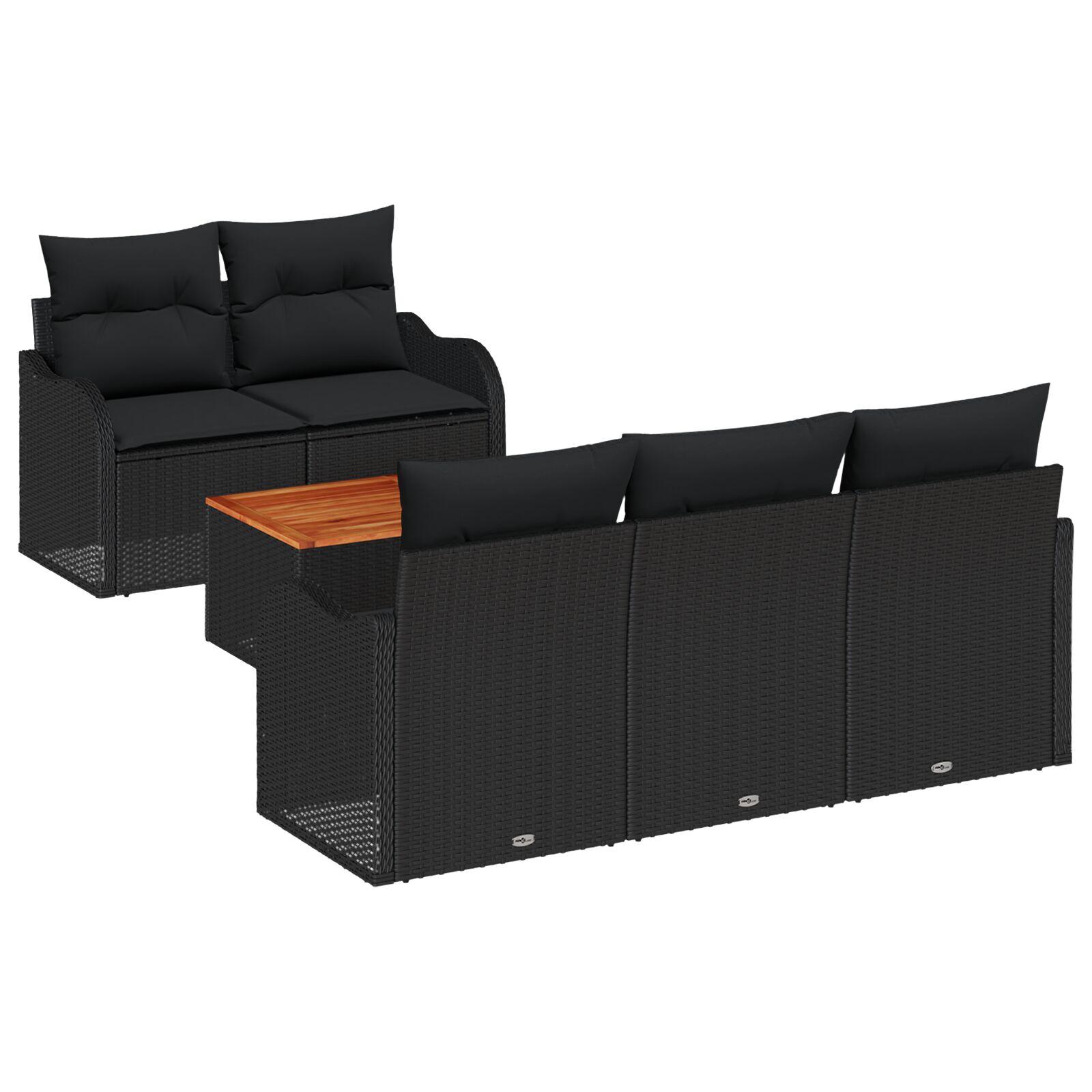 6-delt Have Sofa Sæt med Puder Sort Poly Rattan Akacia,  2-personers Have Sofa med Opbevaring & Puder Sort Poly Rattan