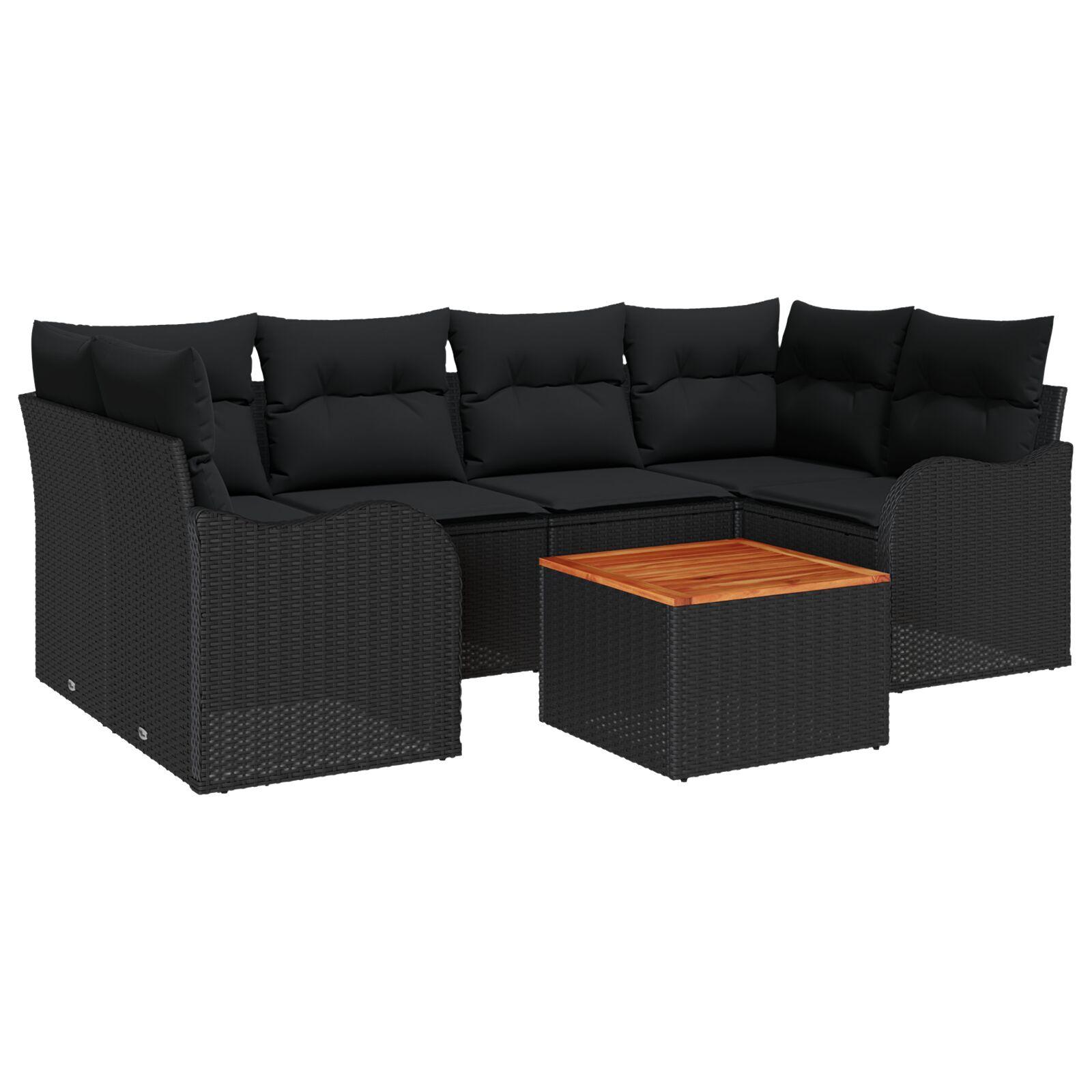 7-piece Have Sofa Sæt med Puder Sort Poly Rattan Akacietræ,  2-personers Have Sofa med Opbevaring & Puder Sort Poly Rattan