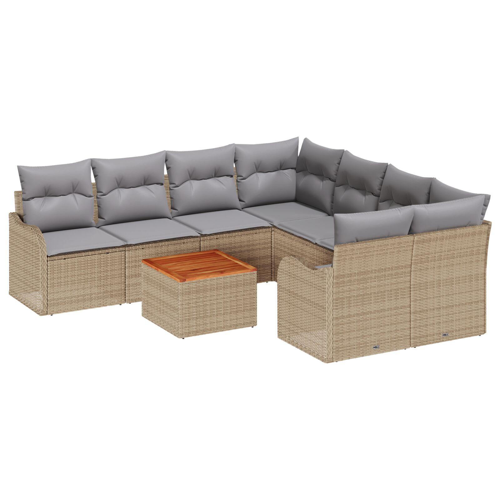 9 Delt Have Sofa Sæt med Puder Beige Poly Rattan Akacietræ,  2-Personers Have Sofa med Opbevaring & Puder Beige Poly Rattan